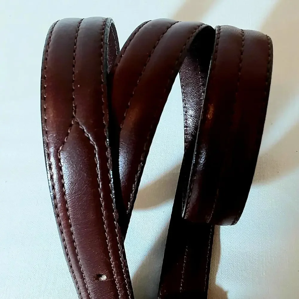 💎Unisex Dark Brown Leather Belt M  Polished Silver Tone Buckle Stitched Detail